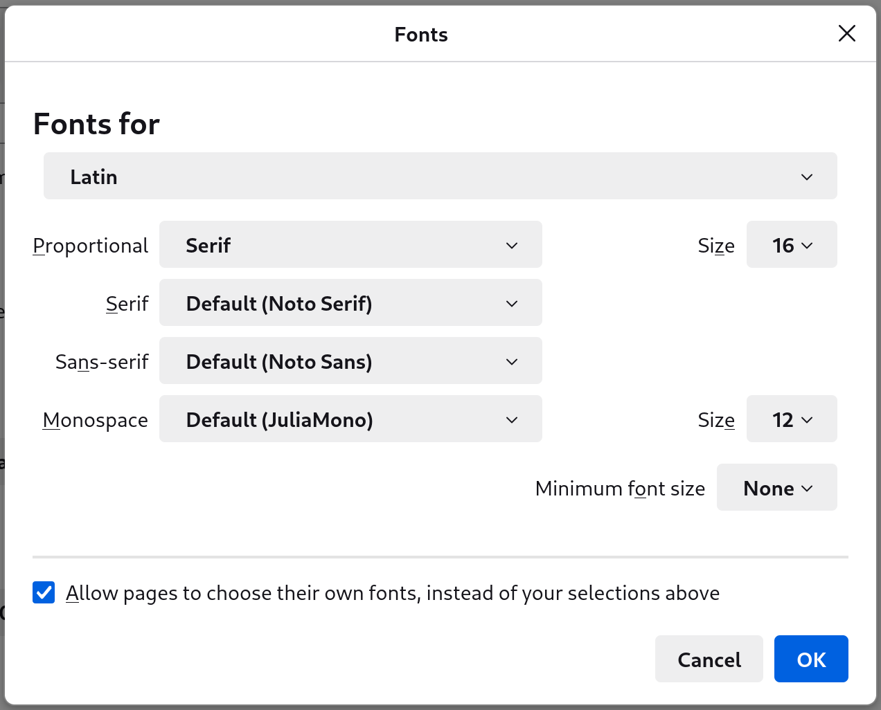 screenshot of advanced font settings dialog in Firefox on Linux. you can choose fonts for the default serif, sans-serif, and monospace typefaces, choose serif or sans-serif as the default proportional typeface, and can choose default font sizes for the proportional and monospace typeface