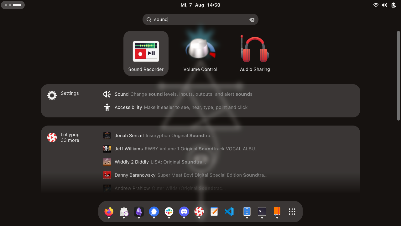 screenshot of the first page of GNOME overview search results for the term "sound", you see applications, settings, and music albums; one of the results from settings is called "sound"