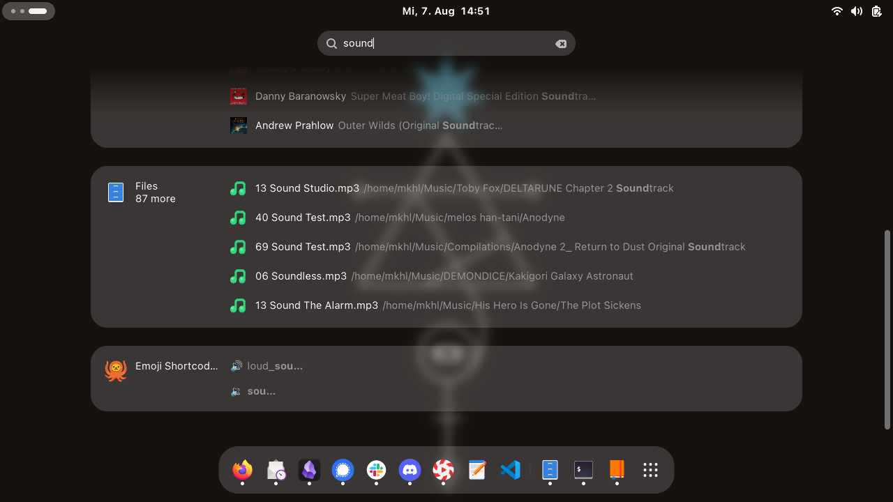 screenshot of the second page of GNOME overview search results for the term "sound", you see files and emoji; one of the results from emoji is called "sound"